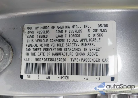 2008 Honda Accord 2.4 Lx z USA, uszkodzony, nr VIN 1HGCP26338A137026